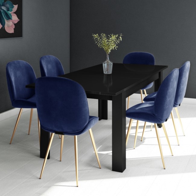 Black Extendable Dining Table with 6 Gold & Blue Velvet Chairs - Vivienne & Jenna