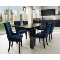 Black High Gloss Extending Dining Table with 6 Navy Blue Velvet Dining Chairs