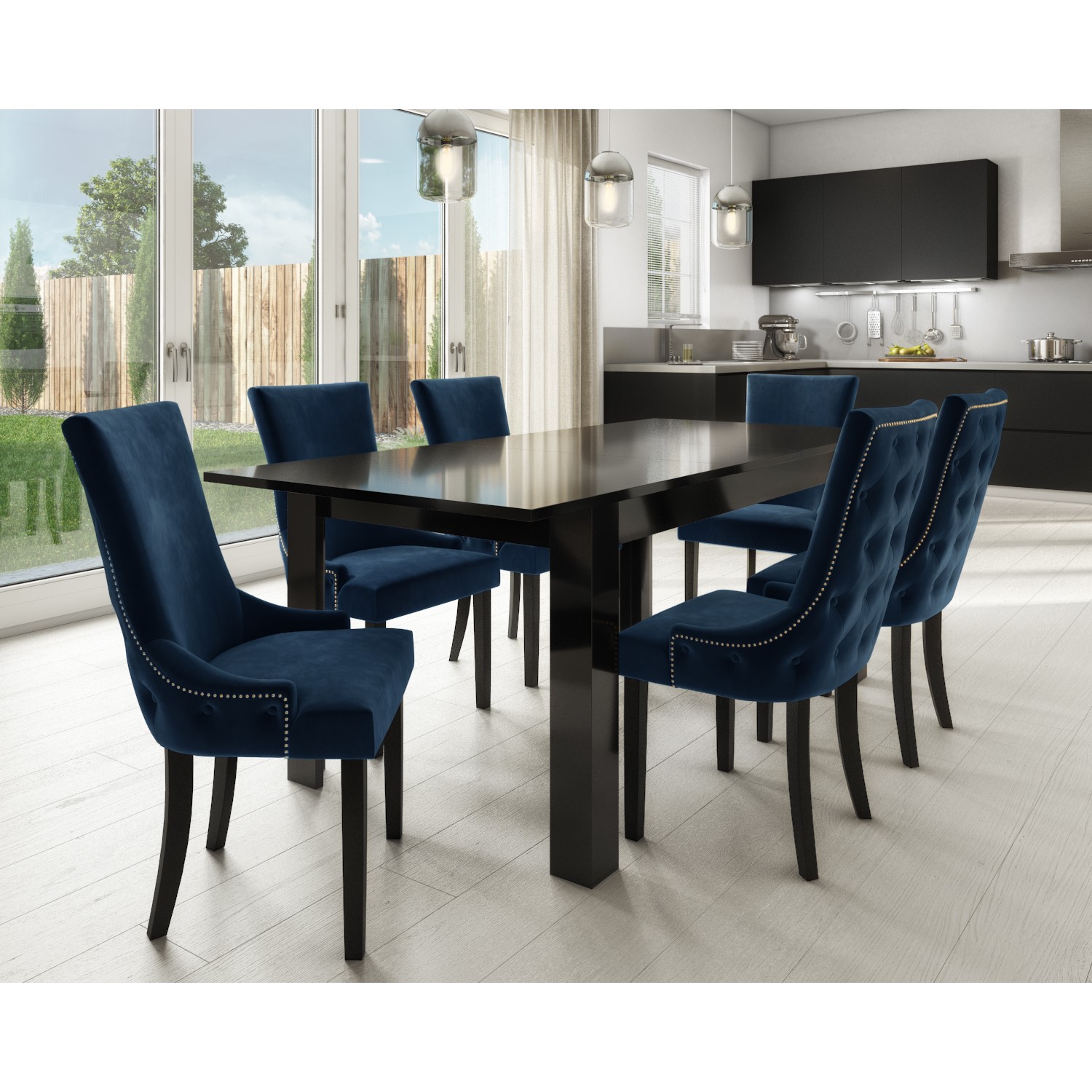 black high gloss extending dining table with 6 navy blue velvet dining chairs