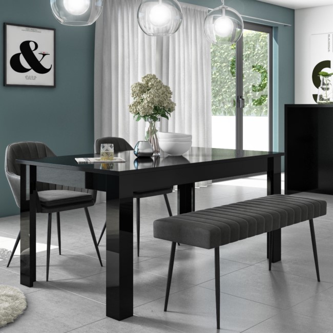 Black Gloss Dining Table with 2 Grey Faux Leather Dining Chairs and 1 Dining Bench - Vivienne