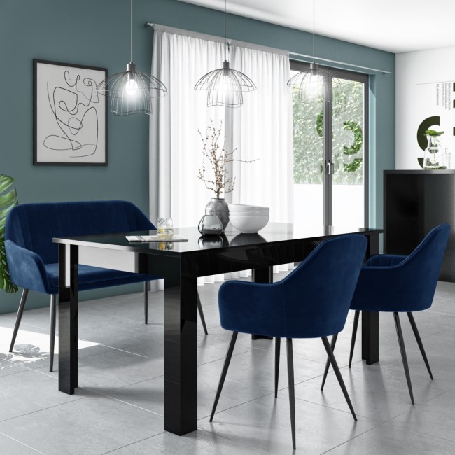 Black Gloss Extendable Dining Table Set with 2 Navy Velvet Chairs & 1 Bench - Seats 4 - Vivienne