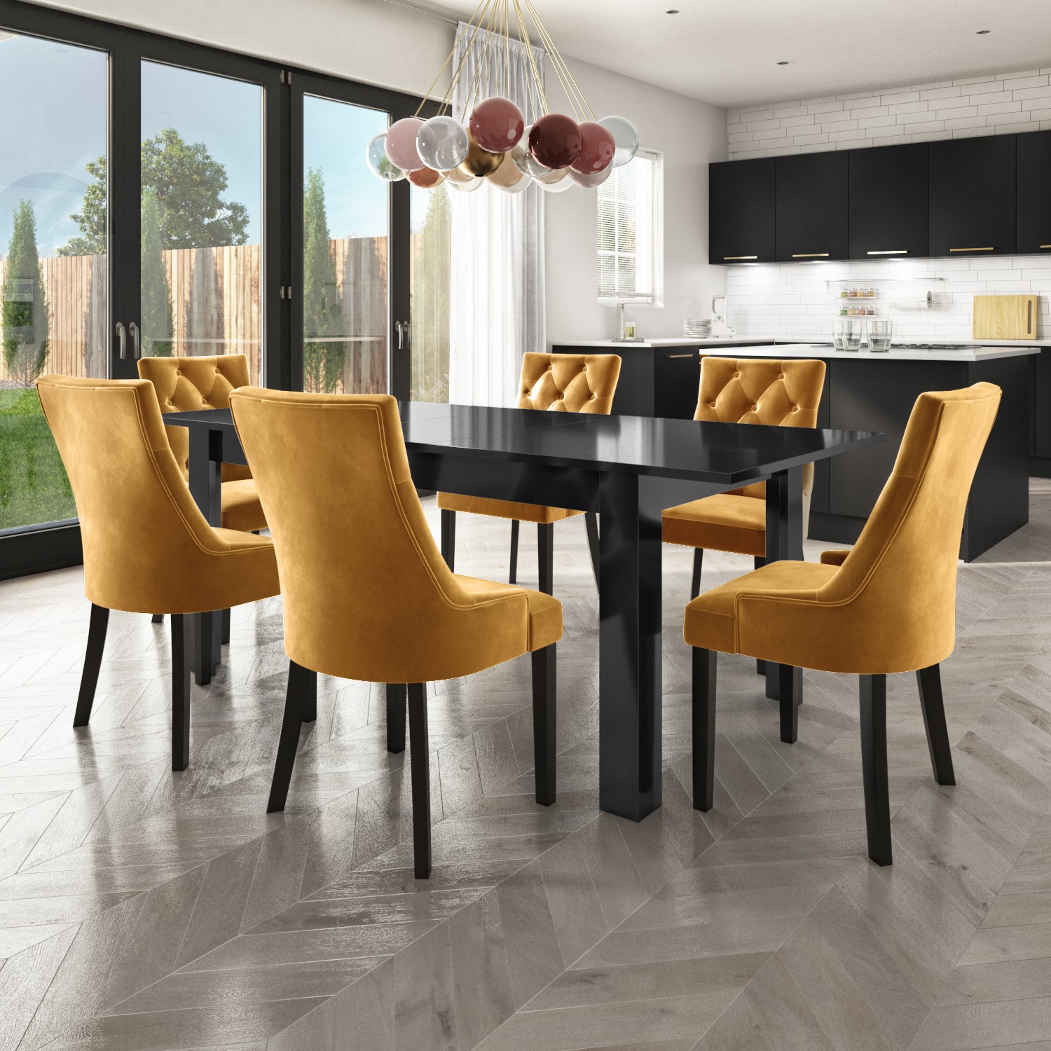 Black High Gloss Extending Dining Table with 6 Gold Dining Chairs Vivienne