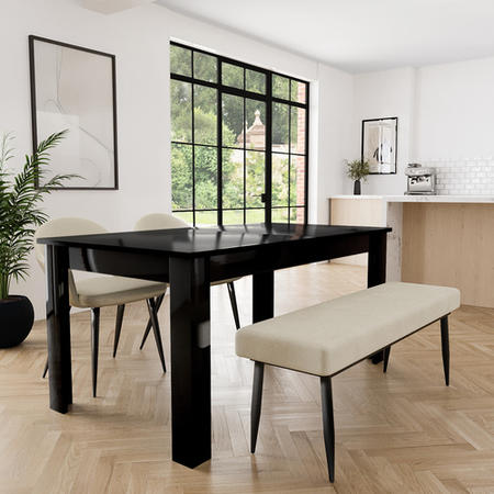 Black Gloss Extendable Dining Table Set with 2 Beige Fabric Chairs & 1 Bench - Seats 4 - Vivienne