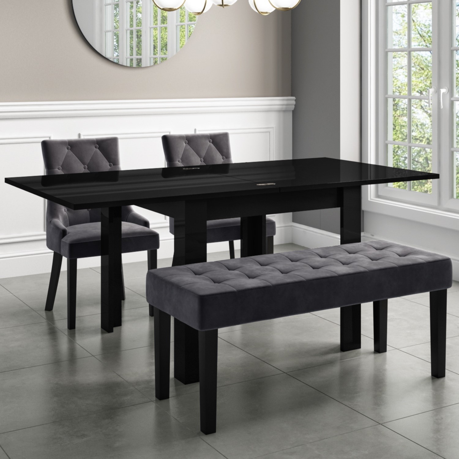 Flip Top Dining Table In Black High Gloss With 2 Grey Velvet Chairs 1 Bench Vivienne Kaylee Buyitdirectie Flip Top Dining Table In Black High Gloss With 2 Grey Velvet Chairs 1 Bench Vivienne Kaylee Buyitdirectie