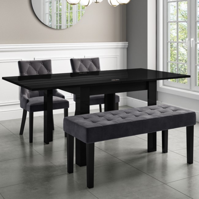 Flip Top Dining Table in Black High Gloss with 2 Grey Velvet Chairs & 1 Bench - Vivienne & Kaylee