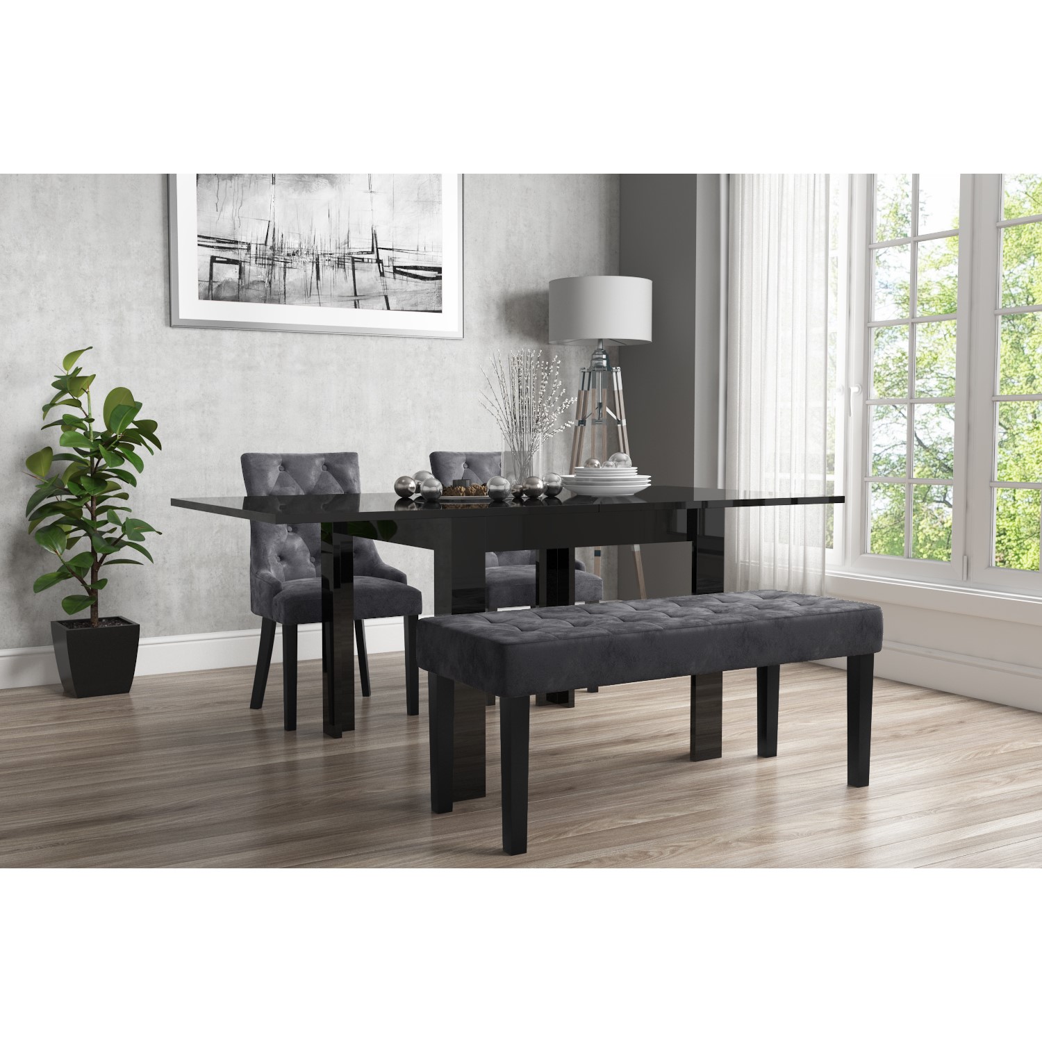 Flip Top Dining Table In Black High Gloss With 2 Grey Velvet Chairs 1 Bench Vivienne Kaylee Itdirect Ie Flip Top Dining Table In Black High, Black Kitchen Table And Chairs Bench