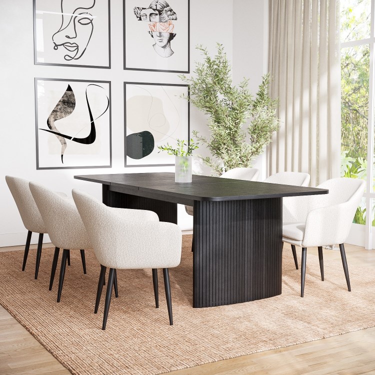 Set of 2 Cream Boucle Armchair Dining Chairs With Black Legs - Ally