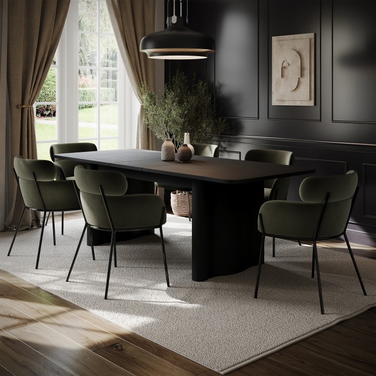 Rectangular Black Oak Extendable Dining Table Set with 6 Green Velvet Chairs - Seats 6 - Wave