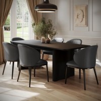 Rectangular Black Oak Extendable Dining Table Set with 6 Charcoal Real Leather Chairs - Seats 6 - Wave