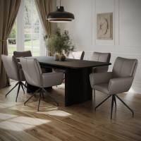Rectangular Black Oak Extendable Dining Table Set with 6 Real Leather Mink Swivel Chairs - Seats 6 - Wave