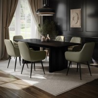 Large Rectangular Black Oak Extendable Dining Table Set with 6 Sage Green Faux Leather Chairs - Seats 6 - Wave