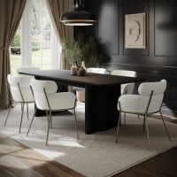 Large Rectangular Black Oak Extendable Dining Table Set with 6 Cream Upholstered Chairs - Seats 6 - Wave