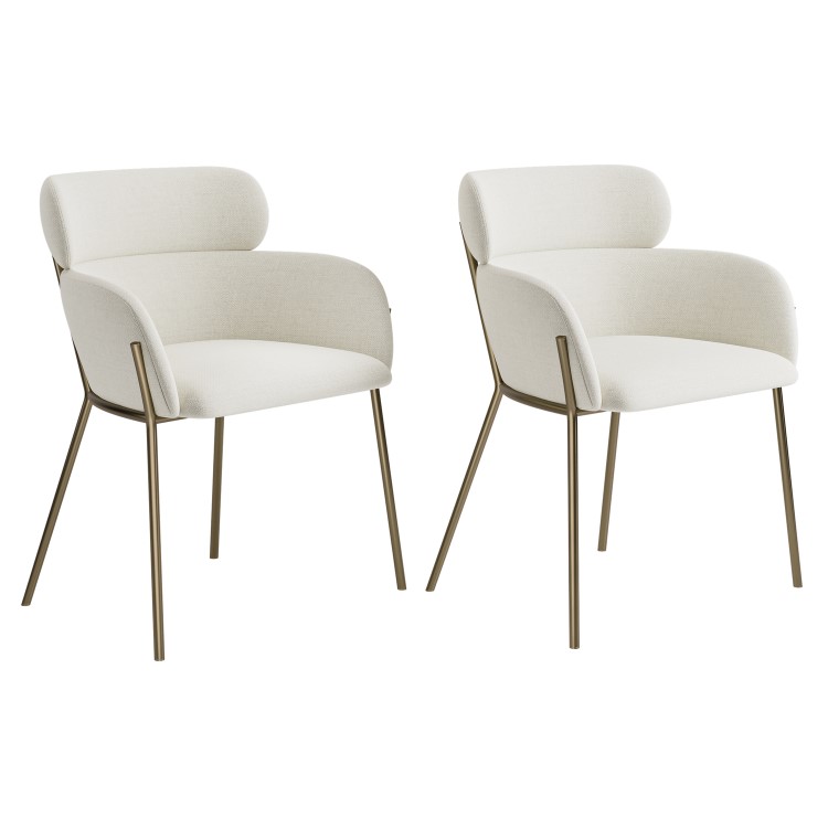Set of 2 Cream Upholstered Curved Dining Chairs with Brass Legs - Isla