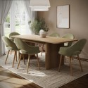 BUN/WAE002/98137 Large Rectangular Rustic Oak Extendable Dining Table Set with 6 Sage Green Velvet Chairs - Seats 6 - Wave