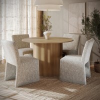 Round Limewash Oak Dining Table Set with 4 Neutral Upholstered Chairs - Seats 4 - Wave Round Limewash Oak Dining Table Set with 4 Neutral Upholstered Chairs - Seats 4 - Wave