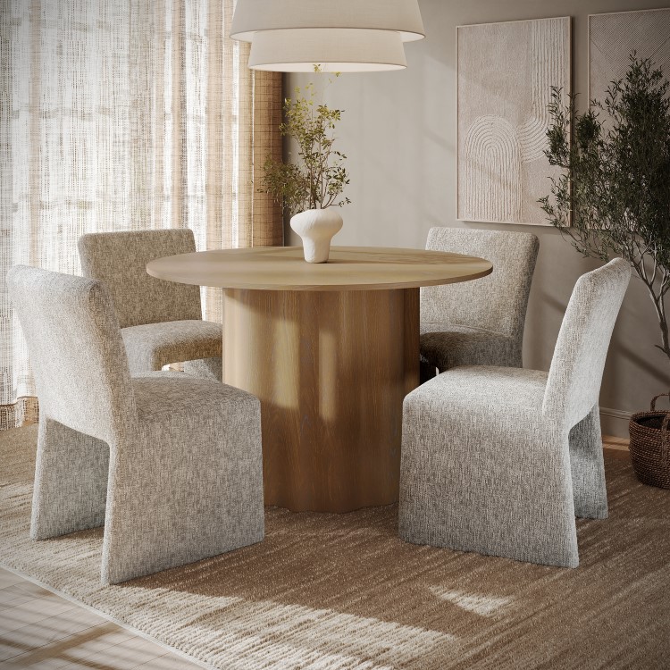 Round Limewash Oak Dining Table Set with 4 Neutral Upholstered Chairs - Seats 4 - Wave