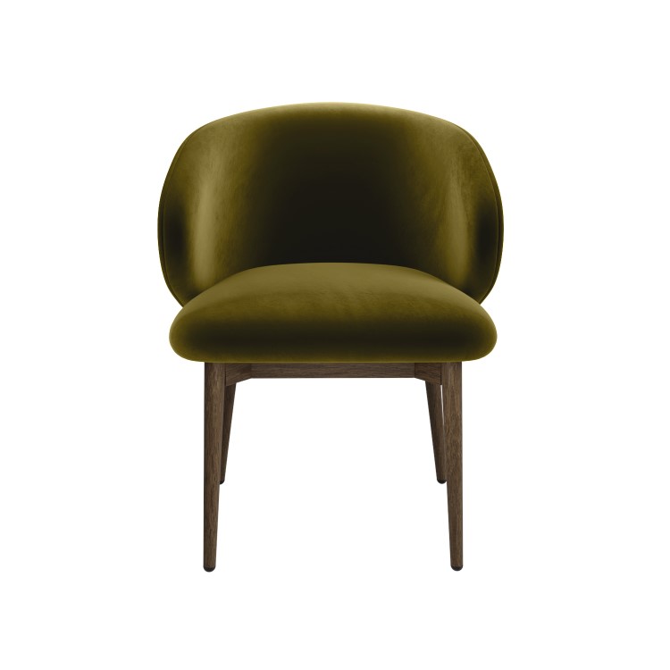 Walnut and Olive Green Velvet Curved Dining Chair with Solid Wood Exposed Back - Kori