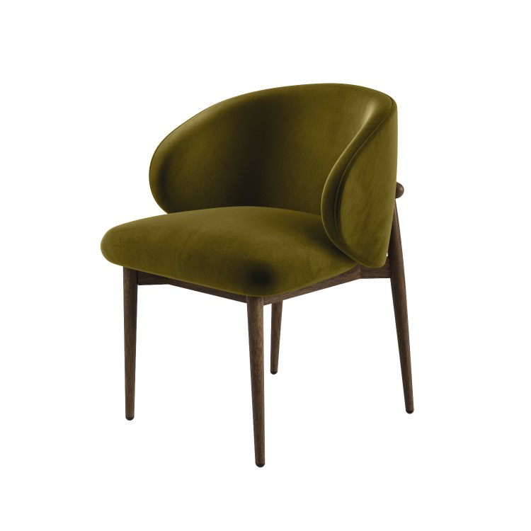 Walnut and Olive Green Velvet Curved Dining Chair with Solid Wood Exposed Back - Kori