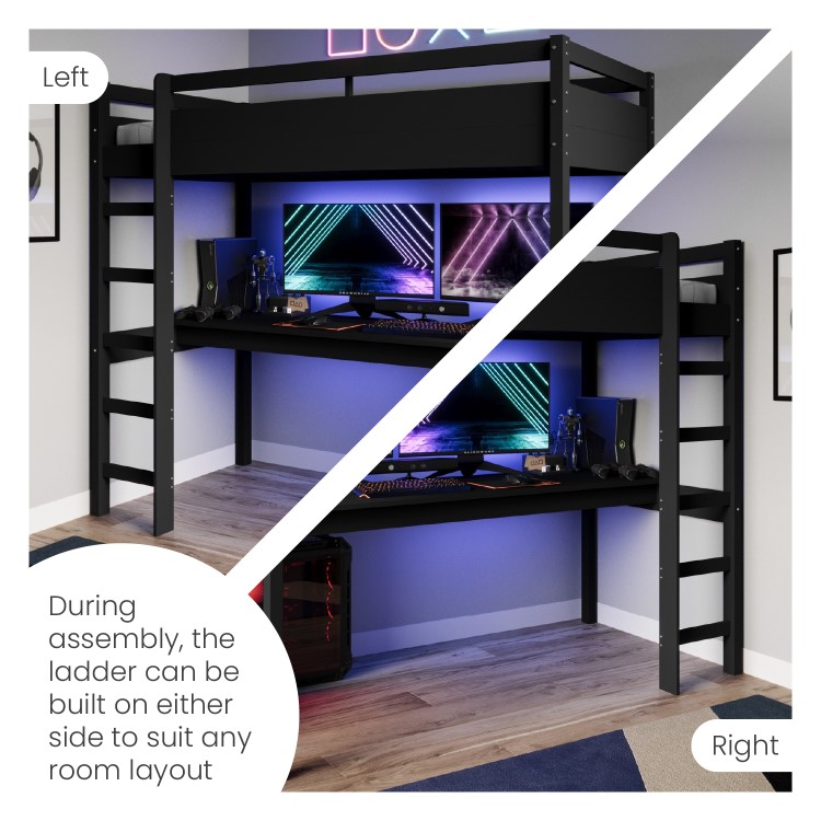 High Sleeper Loft Gaming Bed with Desk in Black - Wyatt