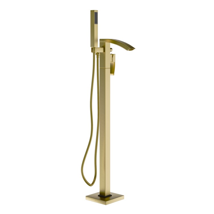 GRADE A1 - Brushed Brass Freestanding Bath Shower Mixer Tap - Wave