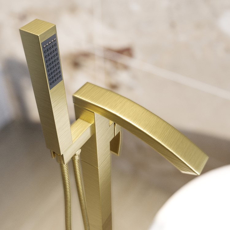 GRADE A1 - Brushed Brass Freestanding Bath Shower Mixer Tap - Wave