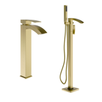 ONLY OPENED - Brushed Brass Waterfall Tall Basin Mixer Tap & Freestanding Tap Pack - Wave