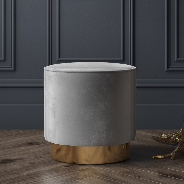 Xena Velvet Pouffe in Pale Grey - Small Round Upholstered Stool