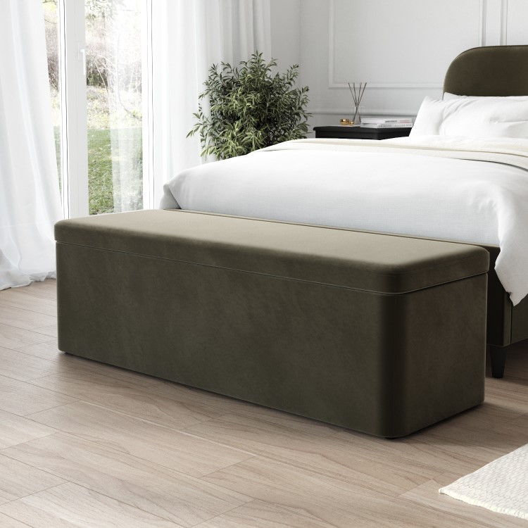 Khaki Green Velvet Double Bed Frame with Blanket Box - Zara