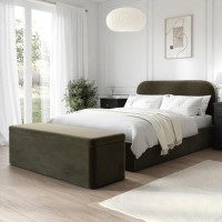Khaki Green Velvet Double Ottoman Bed Frame with Blanket Box - Zara