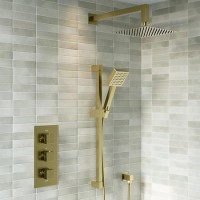 Brushed Brass 2 Outlet  Wall Mounted Thermostatic Mixer Shower Set with Hand Shower - Zana Brushed Brass 2 Outlet  Wall Mounted Thermostatic Mixer Shower Set with Hand Shower - Zana