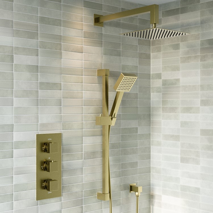 Brushed Brass 2 Outlet  Wall Mounted Thermostatic Mixer Shower Set with Hand Shower - Zana