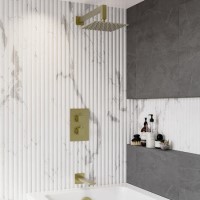 Brushed Brass 2 Outlet Bath Mixer Shower Set with Wall Mounted 200mm Shower Head and Bath Filler Spout - Zana Brushed Brass 2 Outlet Bath Mixer Shower Set with Wall Mounted 200mm Shower Head and Bath Filler Spout - Zana