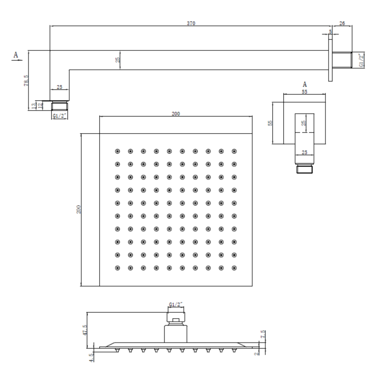 ONLY OPENED - Brushed Brass 200mm Rainfall Square Shower Head & Arm - Zana