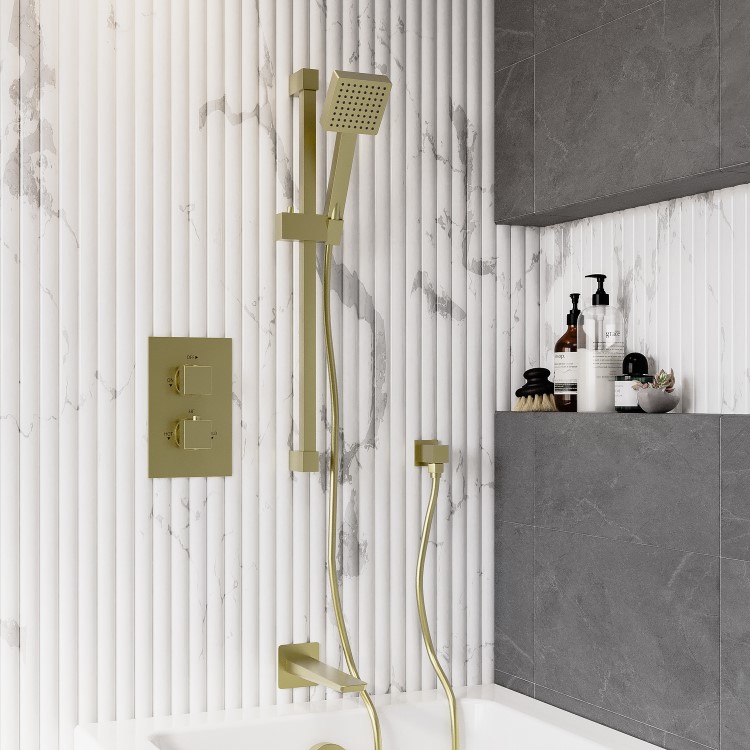 ONLY OPENED - Brushed Brass 2 Concealed Thermostatic Shower Outlet Valve With Triple Control - Zana