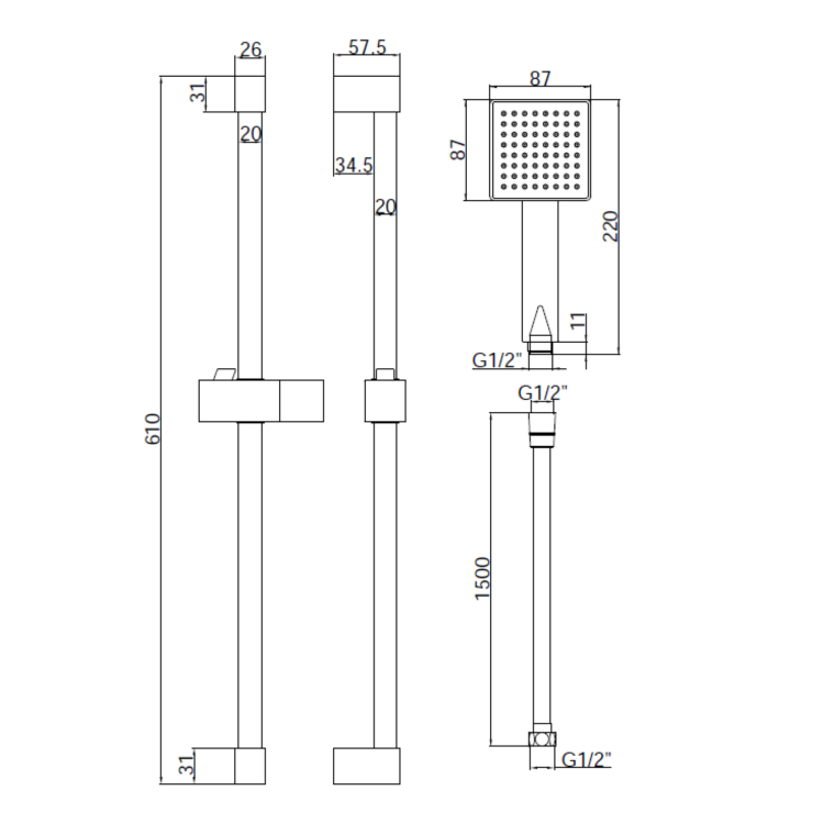 ONLY OPENED - Brushed Brass Shower Slide Rail Kit - Zana
