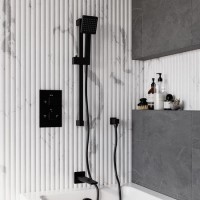 Black 2 Outlet Thermostatic Bath Mixer Shower Set With Hand Shower and Bath Filler Spout - Zana Black 2 Outlet Thermostatic Bath Mixer Shower Set With Hand Shower and Bath Filler Spout - Zana