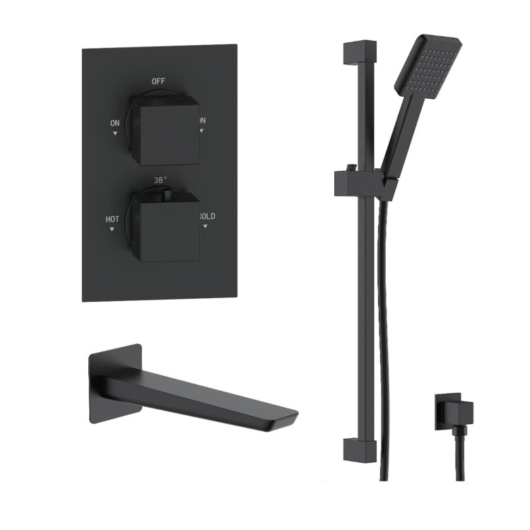 Black 2 Outlet Thermostatic Bath Mixer Shower Set With Hand Shower and Bath Filler Spout - Zana