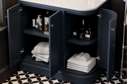 Blue Indigo Basin Vanity Unit with doors open and storage shelf