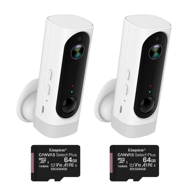 electriQ 720p HD Wireless Battery Cameras with Mounts & 64GB SD Cards - 2 Pack