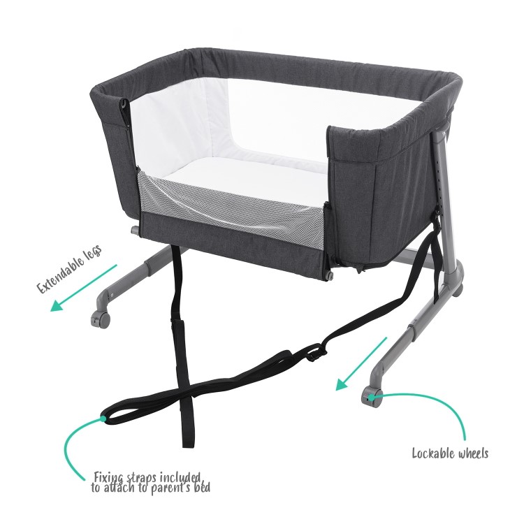 Co Sleeper Adjustable Bedside Baby Crib by Babyway Charcoal Grey