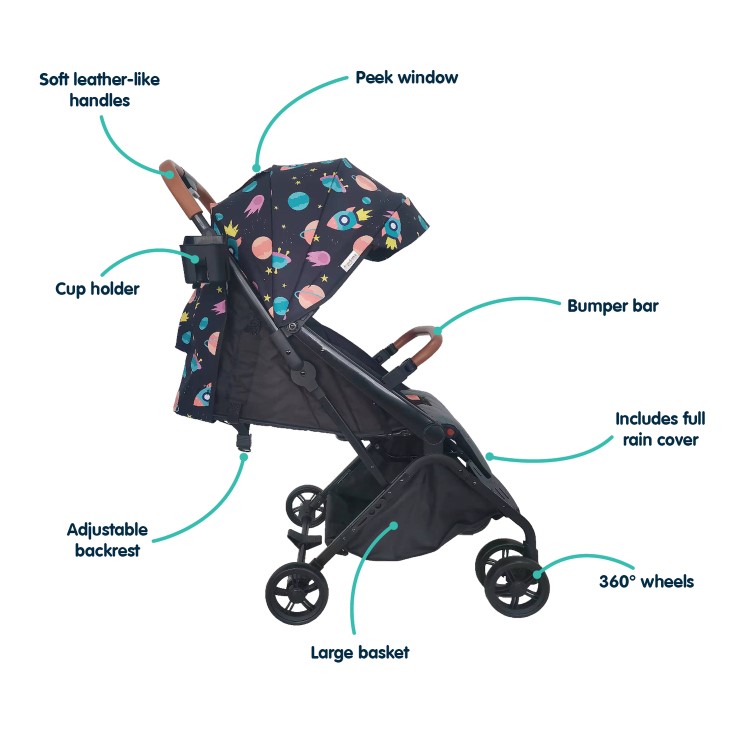 Lightweight Stroller with Raincover & Cup Holder in Space Design by Babyway