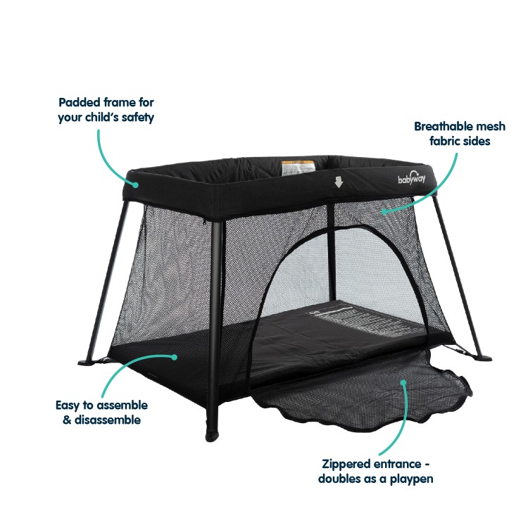 GRADE A1 - Lightweight Travel Cot + Playpen with Mattress and Carry Bag in Black by Babyway