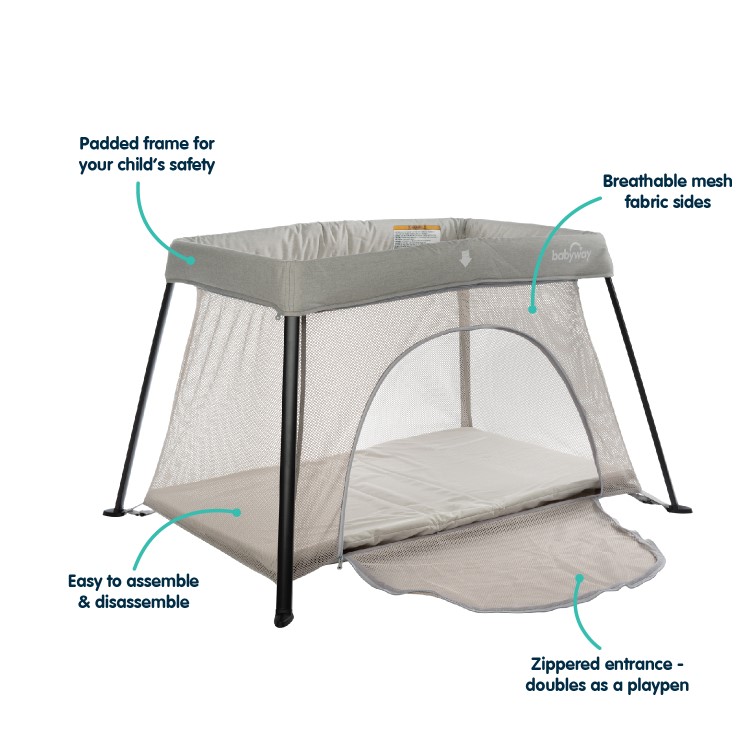 Babyway Lightweight Travel Cot & Playpen with Mattress and Carry Bag in Grey
