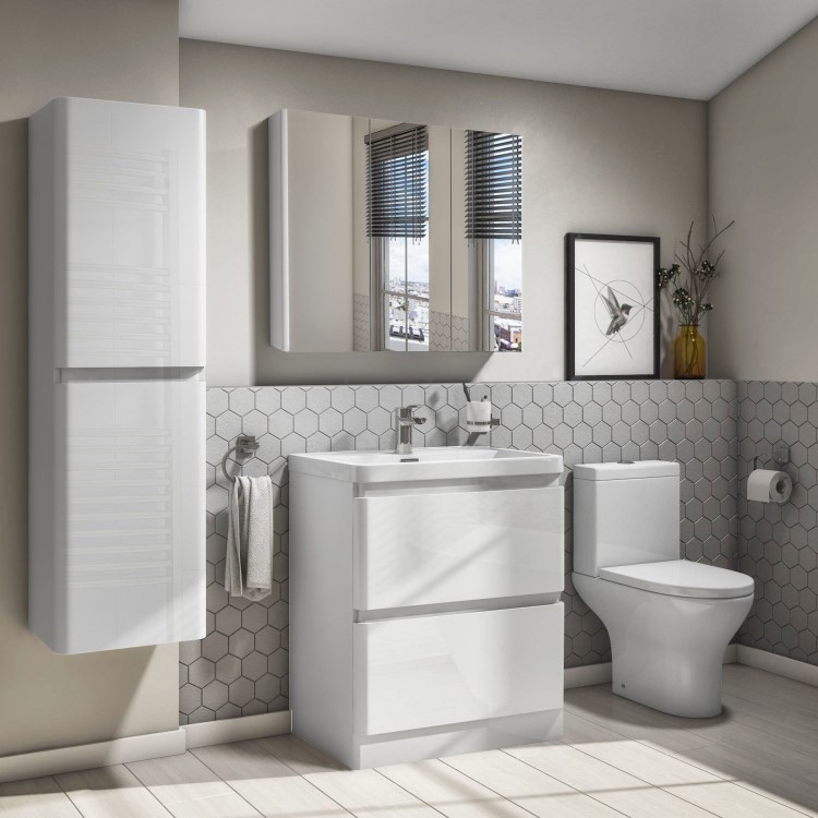 GRADE A1 - 800mm Wall Hung 3 Door Mirrored Cabinet White Gloss - Portland