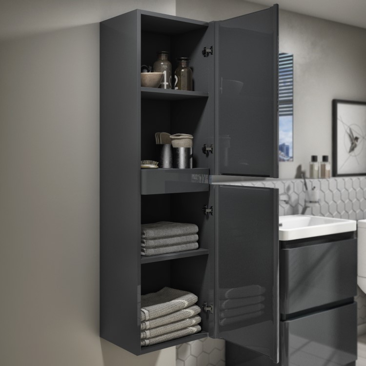 GRADE A1 - 1400mm Dark Grey Gloss Wall Hung Tall Boy Storage Unit  - Portland