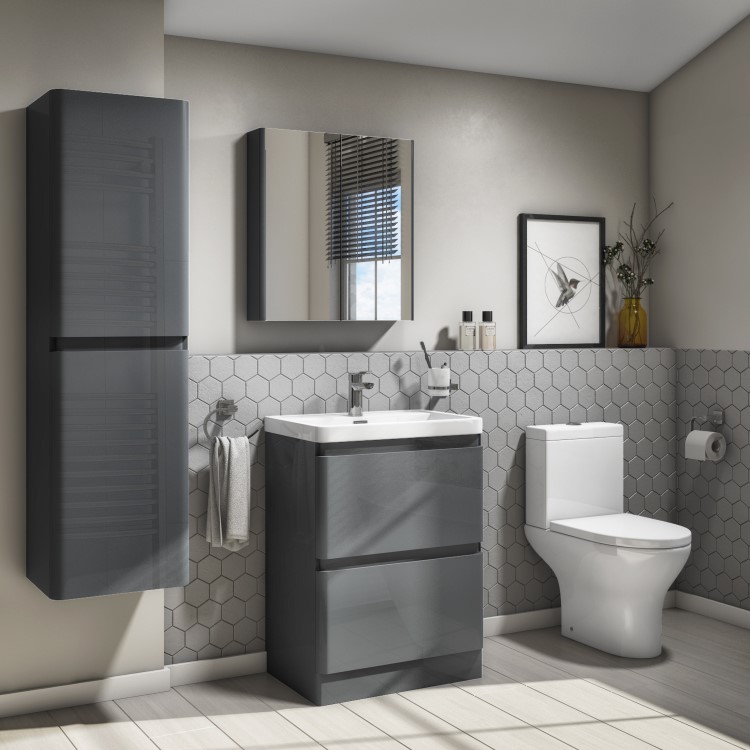 GRADE A1 - 1400mm Dark Grey Gloss Wall Hung Tall Boy Storage Unit  - Portland