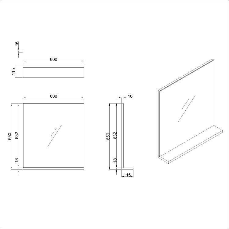 Rectangular Dark Oak Mirror With Shelf 650 x 600mm - Boston