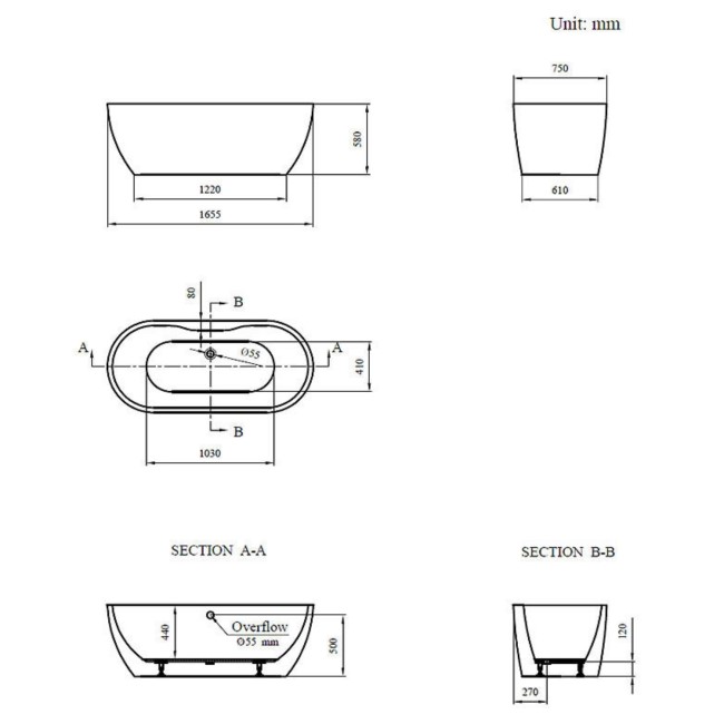 Grey Freestanding Double Ended Bath 1655 x 750mm - Lisbon
