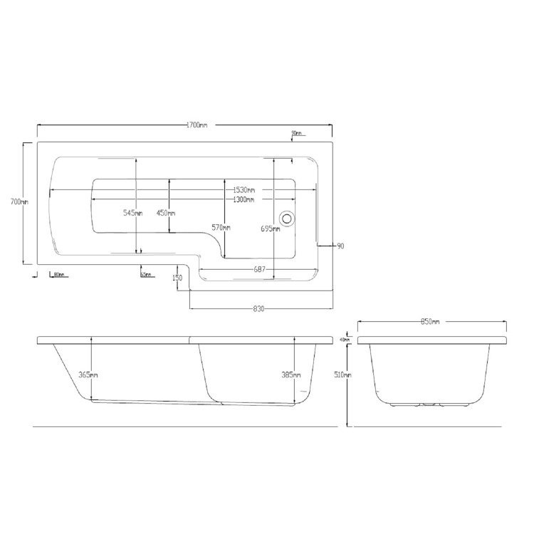 ALMOST PERFECT - Lomax Right Hand L Shape Shower Bath - 1500 x 850mm