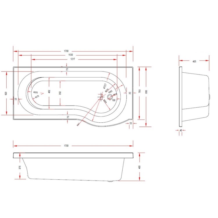 GRADE A1 - 1700 x 850 P Shaped Shower Bath Right Hand